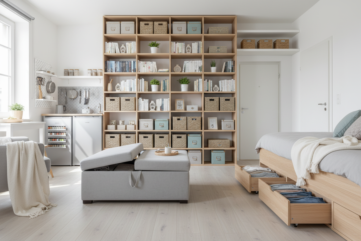 Smart small space storage ideas with shelves, under-bed drawers, and multipurpose furniture for organized living