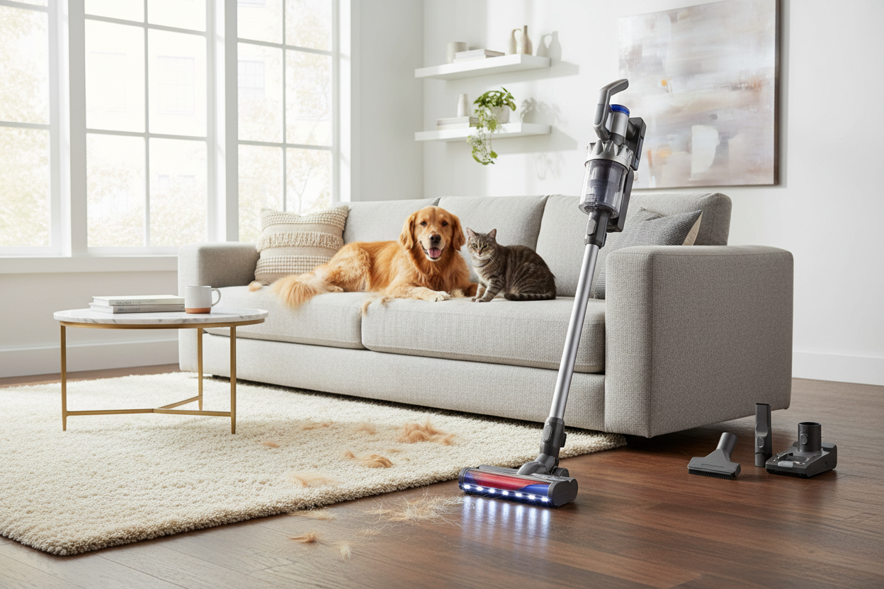 Cordless vacuum for pet hair cleaning up fur in a modern living room with pets on the sofa