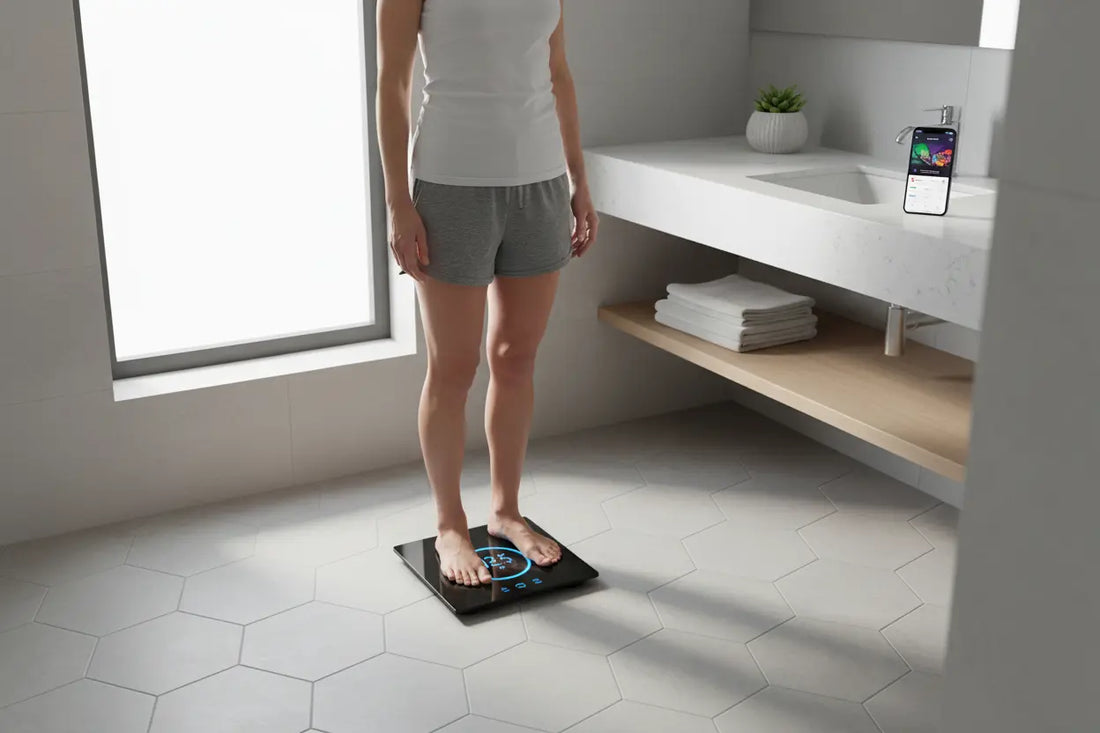 Smart scale for tracking weight in a modern bathroom with health app integration