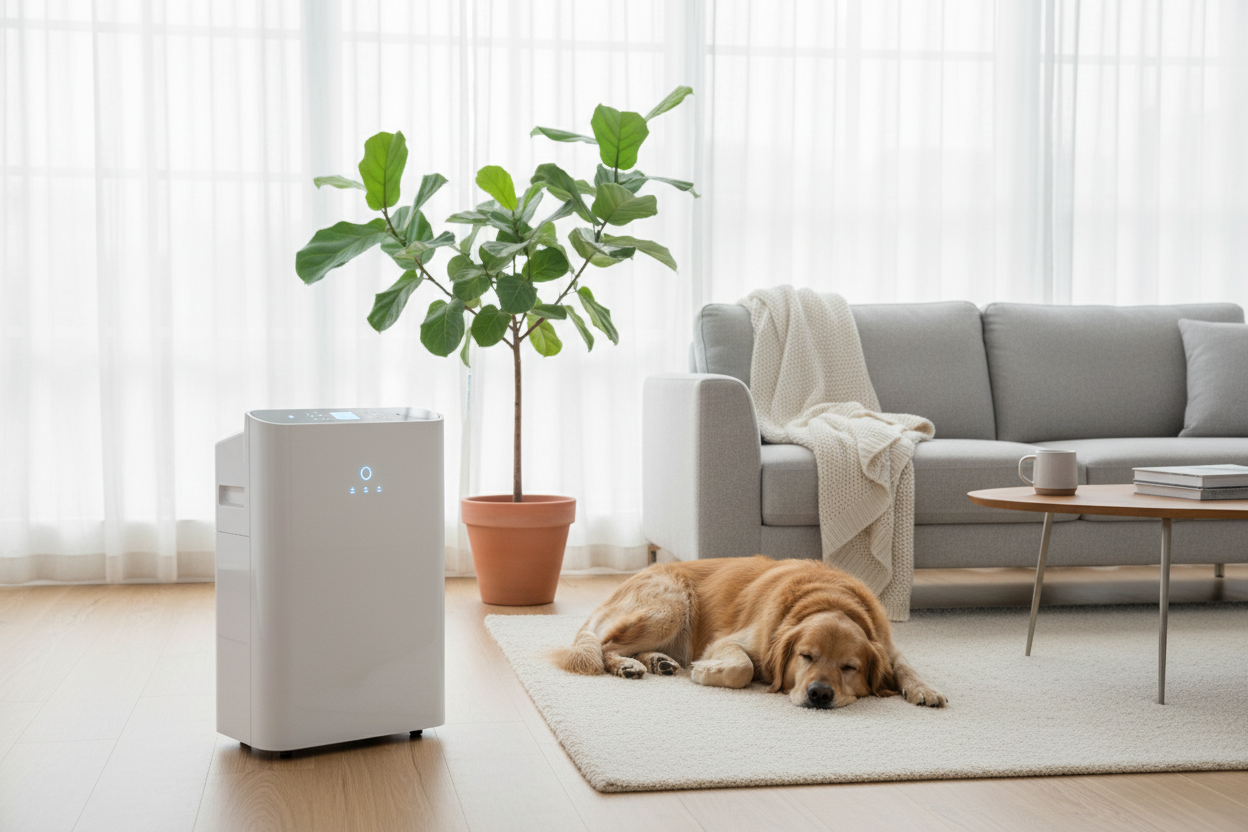 Modern living room with air purifier and a dog resting on a cozy rug for clean indoor air