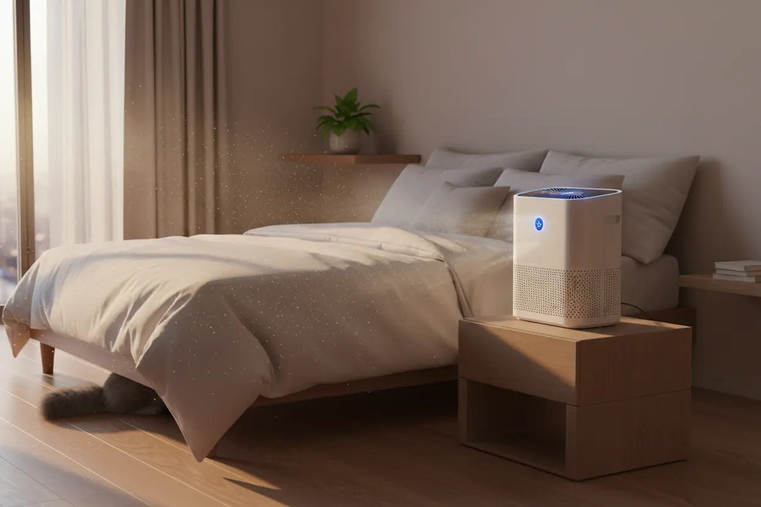 Air purifier cleaning bedroom air for a healthier home environment and improved indoor air quality