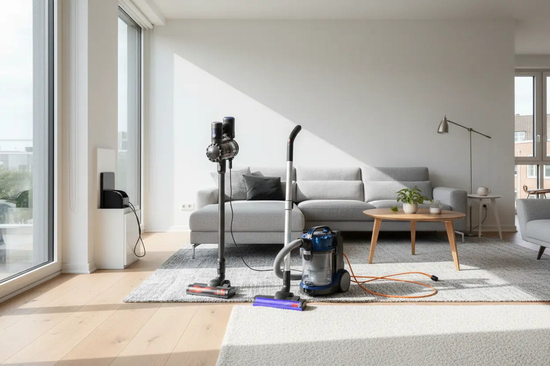 Modern living room with cordless and canister vacuum cleaners for efficient home cleaning solutions
