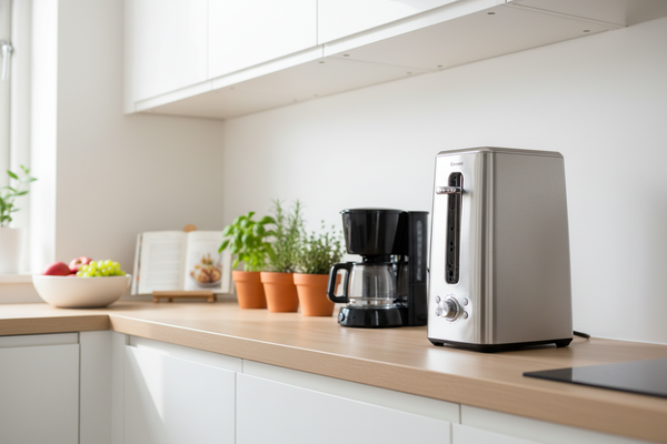 Modern slim toaster on a clean kitchen counter, perfect for saving space and stylish breakfast prep