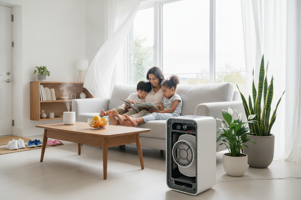 Family enjoying clean living space with plants and purifier, showing how to improve home air quality naturally
