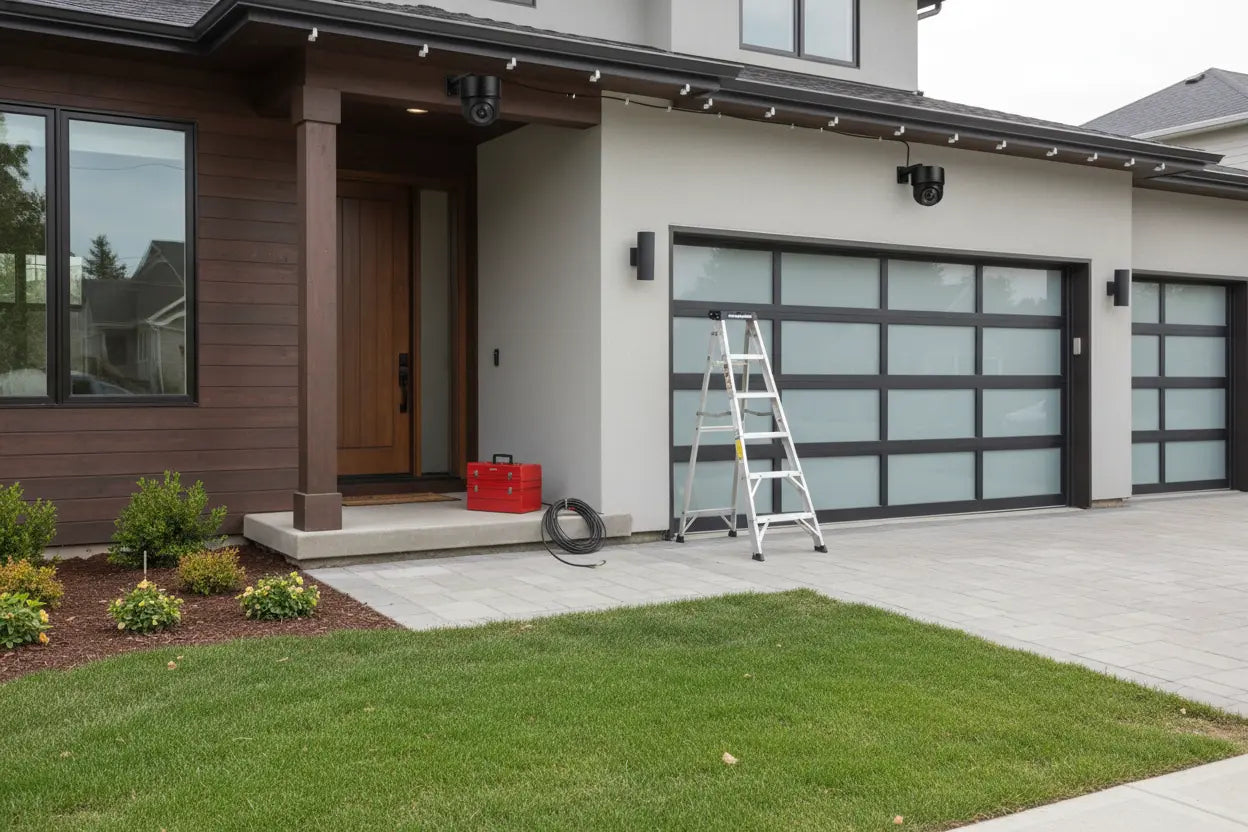 Professional outdoor security camera installation in progress at a modern home for enhanced safety