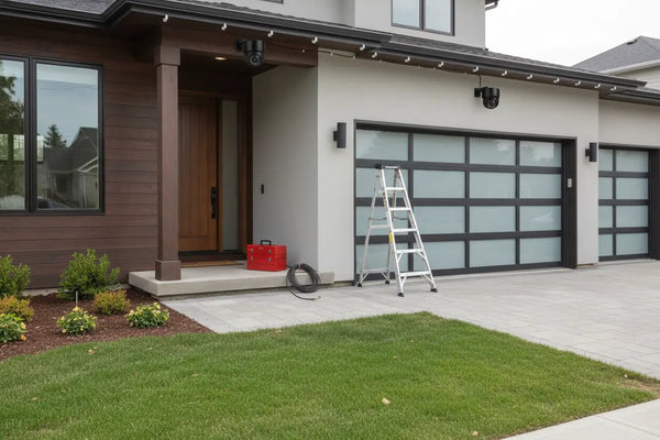 Professional outdoor security camera installation in progress at a modern home for enhanced safety