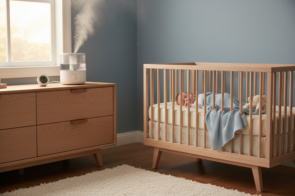 Baby humidifier for congestion helps soothe sleeping infant in a cozy nursery environment