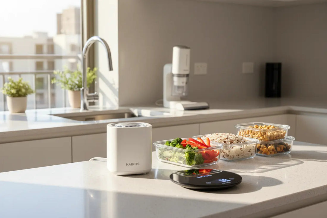 Fresh meal prep ideas with vegetables, grains, and chickpeas in a modern kitchen setting