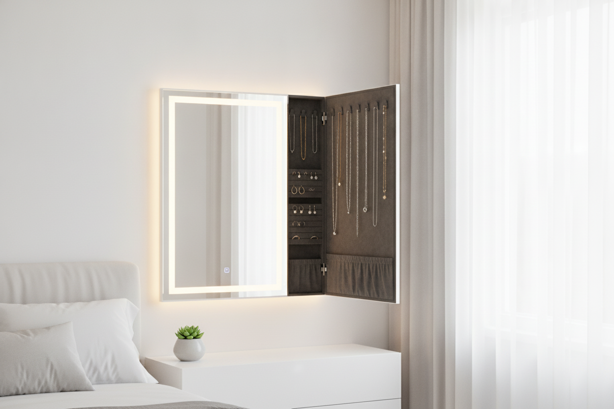 Sleek LED mirror jewelry cabinet in a modern bedroom for organized, stylish, and energy-efficient home storage