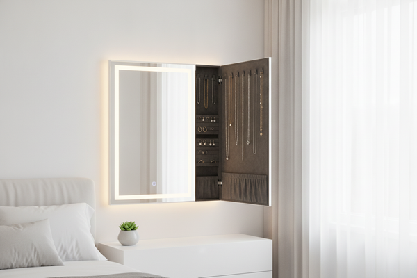 Sleek LED mirror jewelry cabinet in a modern bedroom for organized, stylish, and energy-efficient home storage