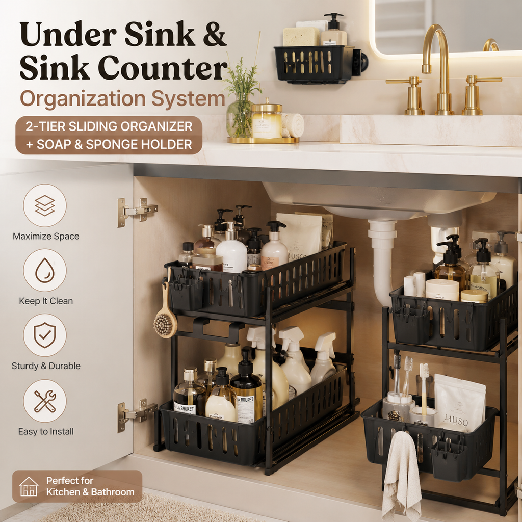 Under Sink & Sink Counter Organization System – 2-Tier Sliding Organizer + Soap & Sponge Holder for Kitchen & Bathroom Yenka Supply