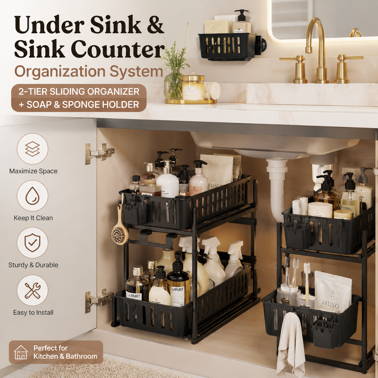 Under Sink & Sink Counter Organization System – 2-Tier Sliding Organizer + Soap & Sponge Holder for Kitchen & Bathroom Yenka Supply