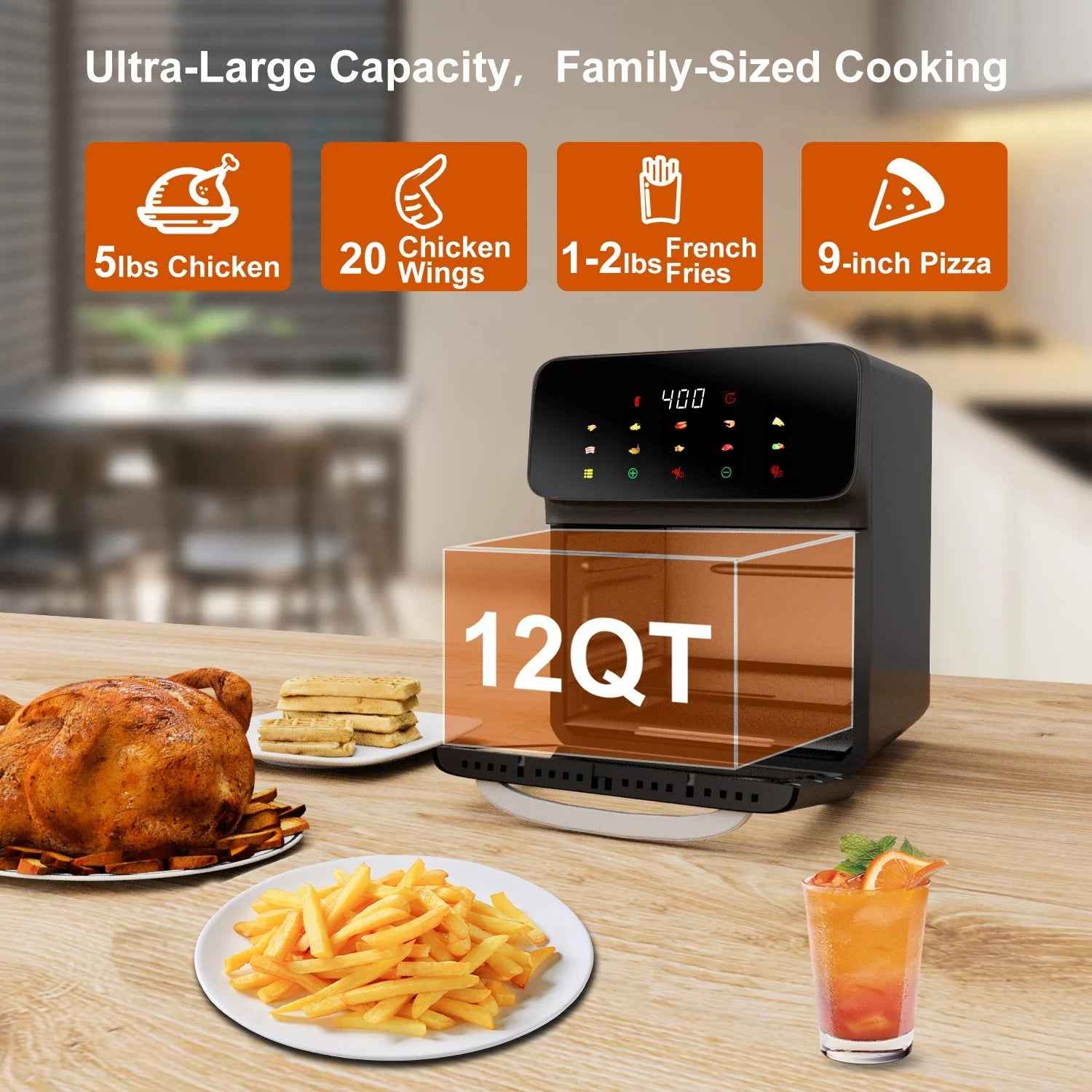 Air Fryer Convection Oven 12QT with 10-in-1 Multi Function, Touchscreen and Visible Window, Black - Yenka Supply