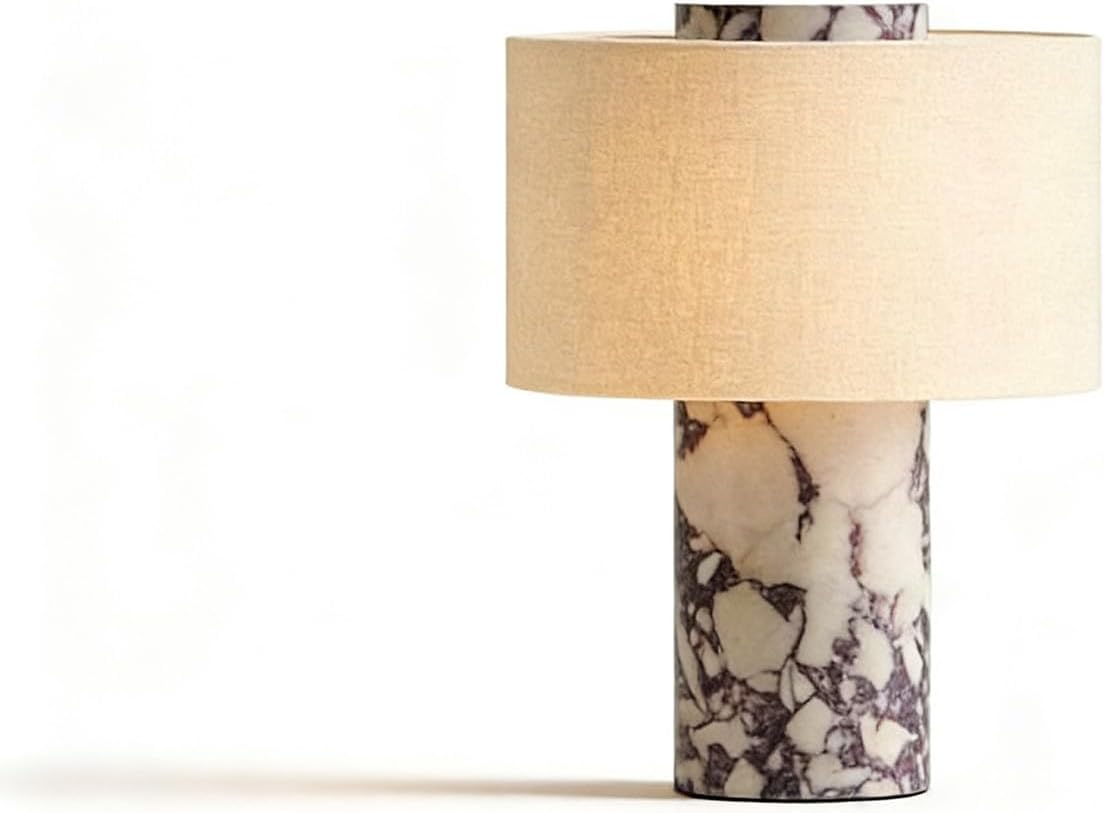 Marble Luxury Stone Rechargeable Touch Table Lamp, Cylindrical Shape, Linen Cloth Fiber Lampshade, High-End and Light Luxury, Bedroom Bedside Table Night Light（Black, White） Yenka Supply