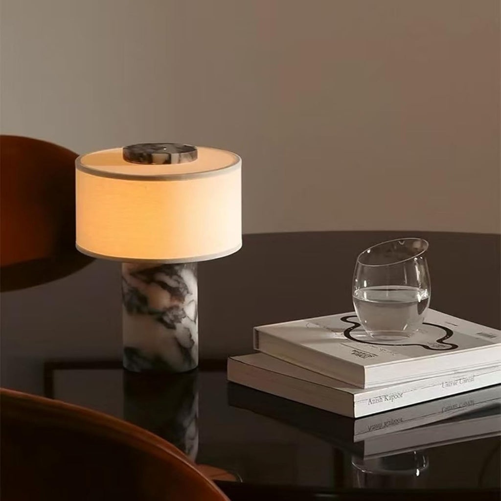 Marble Luxury Stone Rechargeable Touch Table Lamp, Cylindrical Shape, Linen Cloth Fiber Lampshade, High-End and Light Luxury, Bedroom Bedside Table Night Light（Black, White） Yenka Supply