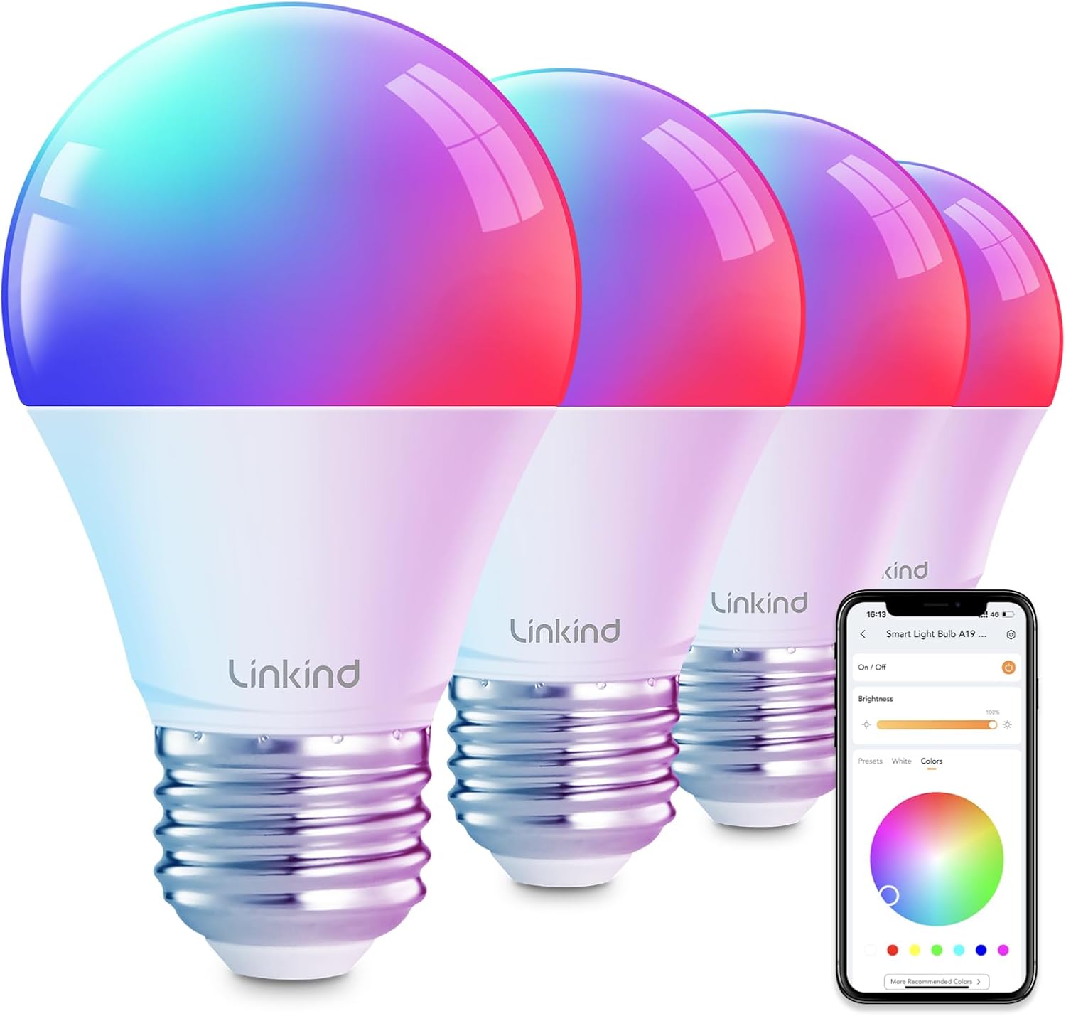 Linkind Smart Light Bulbs - Color Changing LED Bulbs with Alexa & Google Home, 104 Preset Scenes, Music Sync, A19 E26 WiFi Bluetooth 60W, 800LM - 4 Pack - Yenka Supply