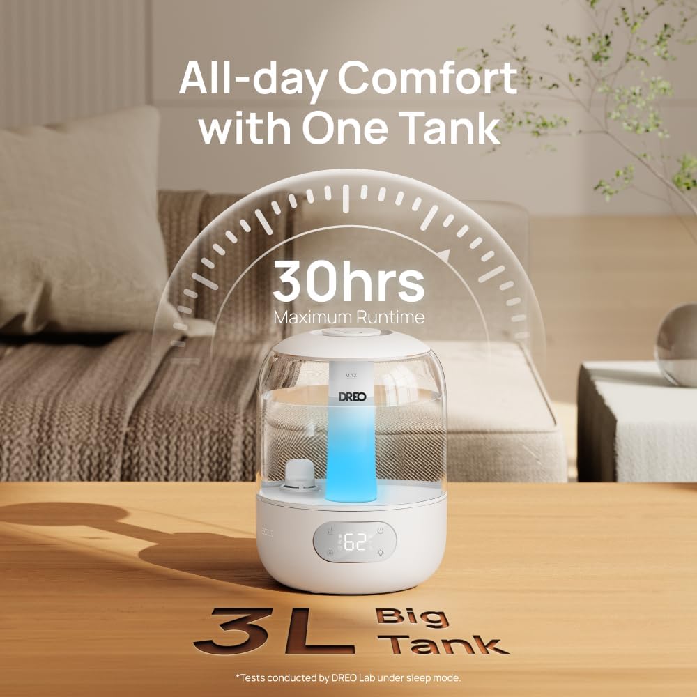 DREO Humidifiers for Bedroom, 3L Top Fill 30H & 26dB Quiet Runtime for Large Room, Cool Mist Ultrasonic Humidifier with Humidity Sensor, Night Light for Home, Baby, Nursery, Plants, New Edition Yenka Supply