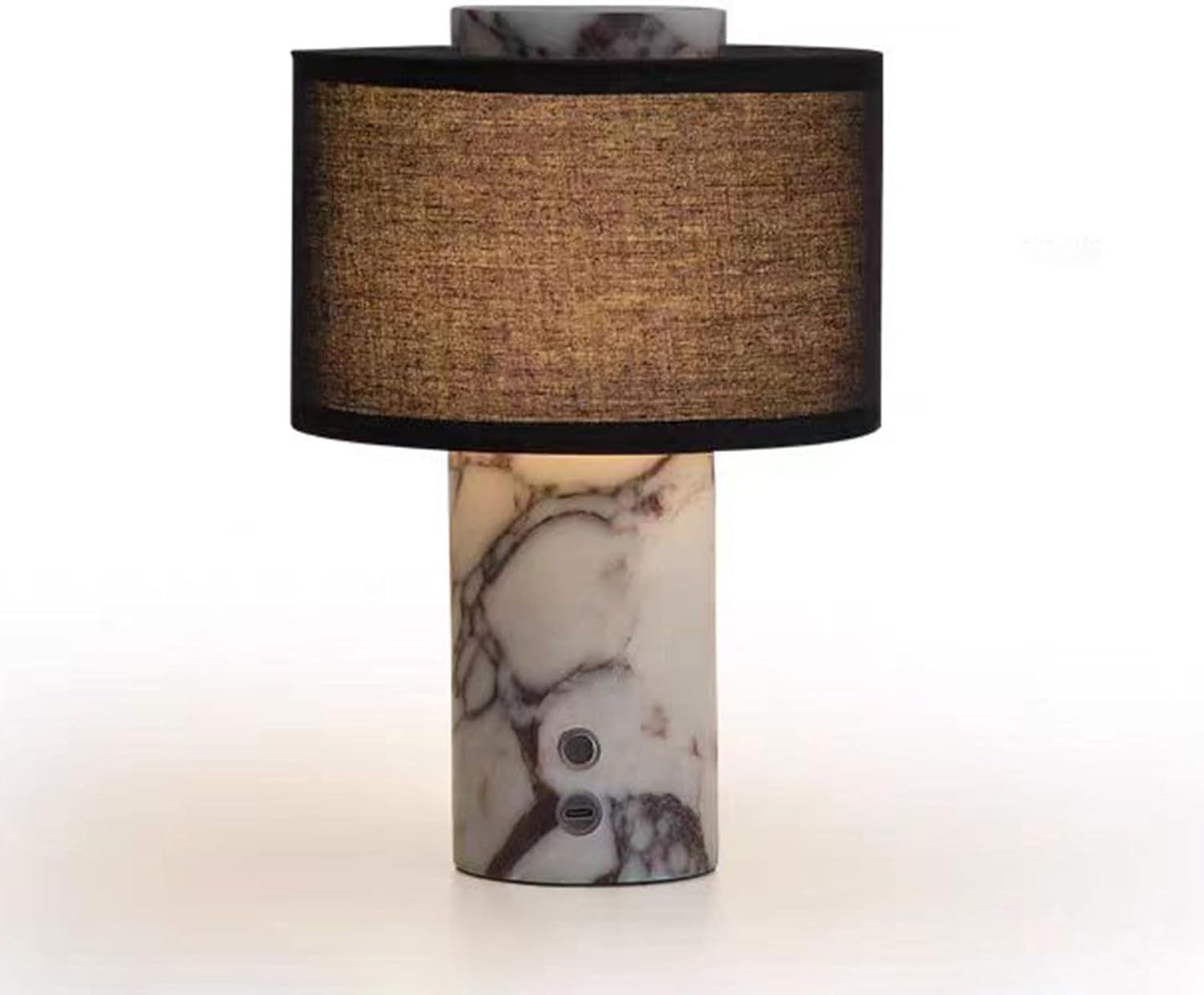 Marble Luxury Stone Rechargeable Touch Table Lamp, Cylindrical Shape, Linen Cloth Fiber Lampshade, High-End and Light Luxury, Bedroom Bedside Table Night Light（Black, White） Yenka Supply