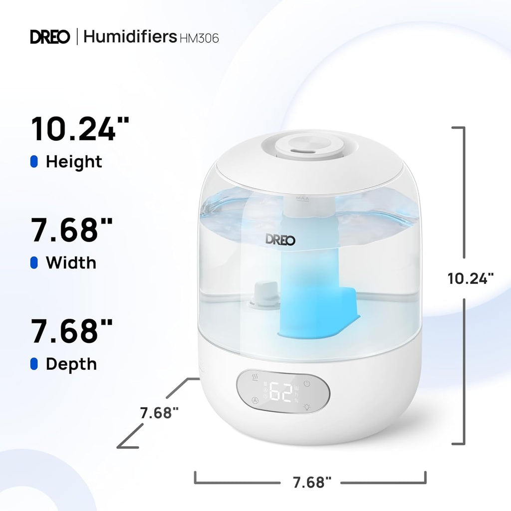 DREO Humidifiers for Bedroom, 3L Top Fill 30H & 26dB Quiet Runtime for Large Room, Cool Mist Ultrasonic Humidifier with Humidity Sensor, Night Light for Home, Baby, Nursery, Plants, New Edition Yenka Supply