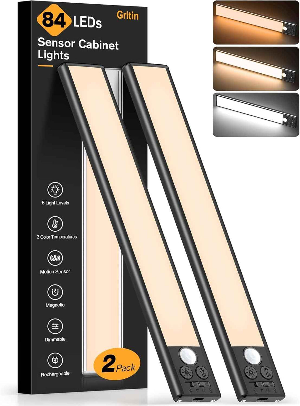 Gritin 10.2inch Under Cabinet Lighting Rechargeable 2 Pack - Super Bright with 3 Color Temps, 5 Brightness Levels, Motion Sensor & Easy Magnetic Installation