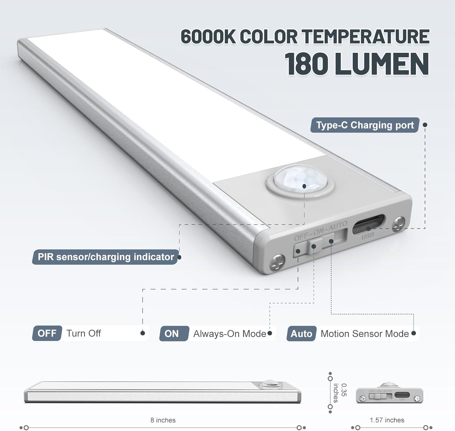6 Pack Under Cabinet Lighting Wireless – 32 LED Motion Sensor Lights, Rechargeable Battery, Stick On Magnetic Closet & Under Counter Lights for Kitchen & Stairs, White 8 in - Yenka Supply