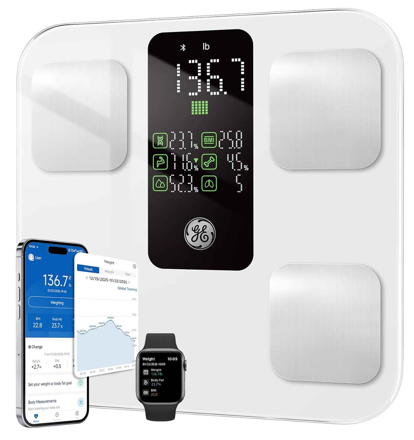 GE Body Fat Scale with 14 Body Composition Metrics, Bluetooth Smart Bathroom Scale for Accurate Weighing, 400 lbs Capacity, Large Display, Black - Yenka Supply