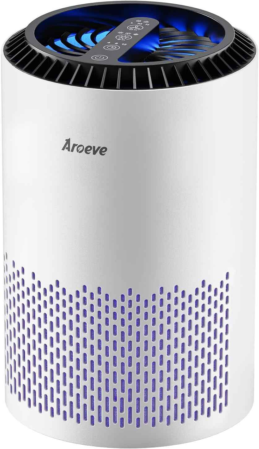 AROEVE Air Purifier for Bedroom - Smoke, Pollen, Dander, Hair, and Odor Cleanser with Sleep Mode and Speed Control, MK01- White, California Compatible - Yenka Supply