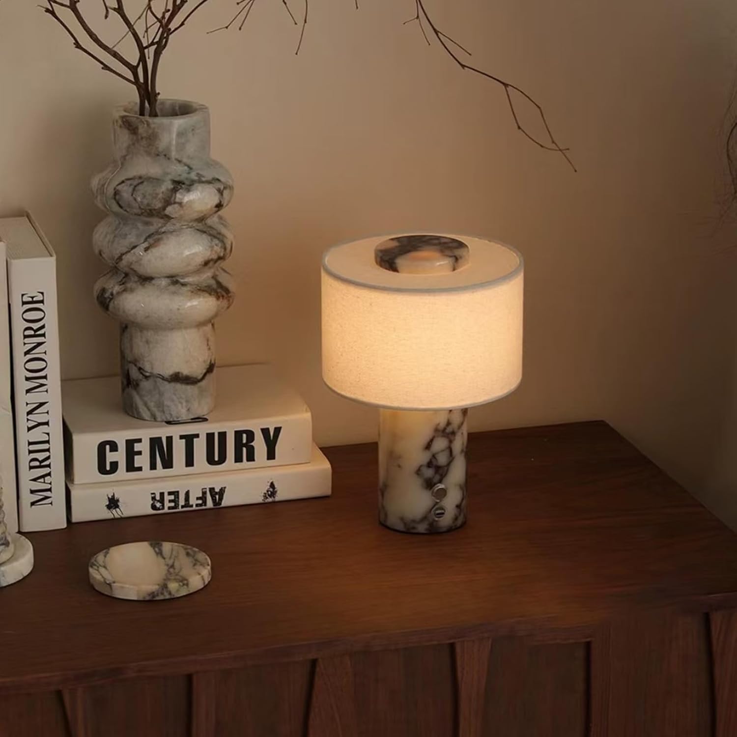 Marble Luxury Stone Rechargeable Touch Table Lamp, Cylindrical Shape, Linen Cloth Fiber Lampshade, High-End and Light Luxury, Bedroom Bedside Table Night Light（Black, White） Yenka Supply