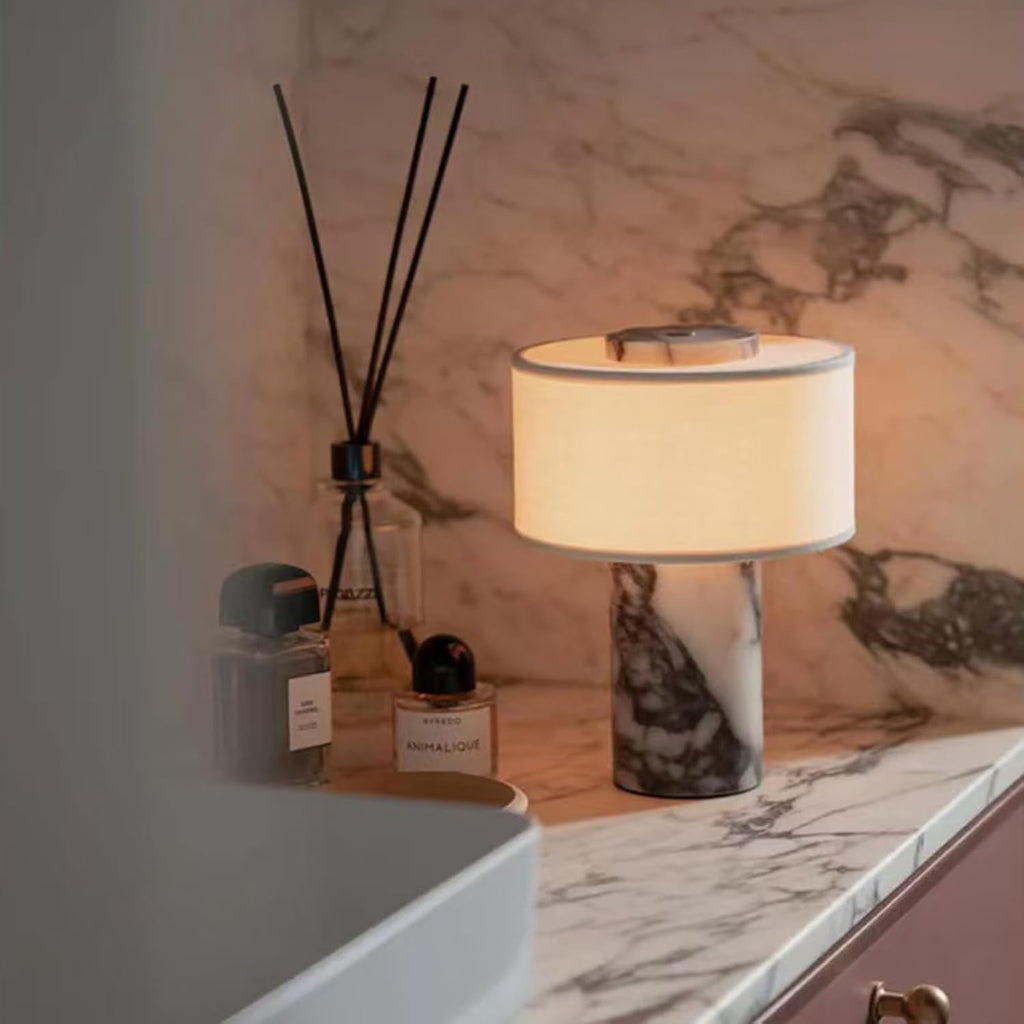 Marble Luxury Stone Rechargeable Touch Table Lamp, Cylindrical Shape, Linen Cloth Fiber Lampshade, High-End and Light Luxury, Bedroom Bedside Table Night Light（Black, White） Yenka Supply