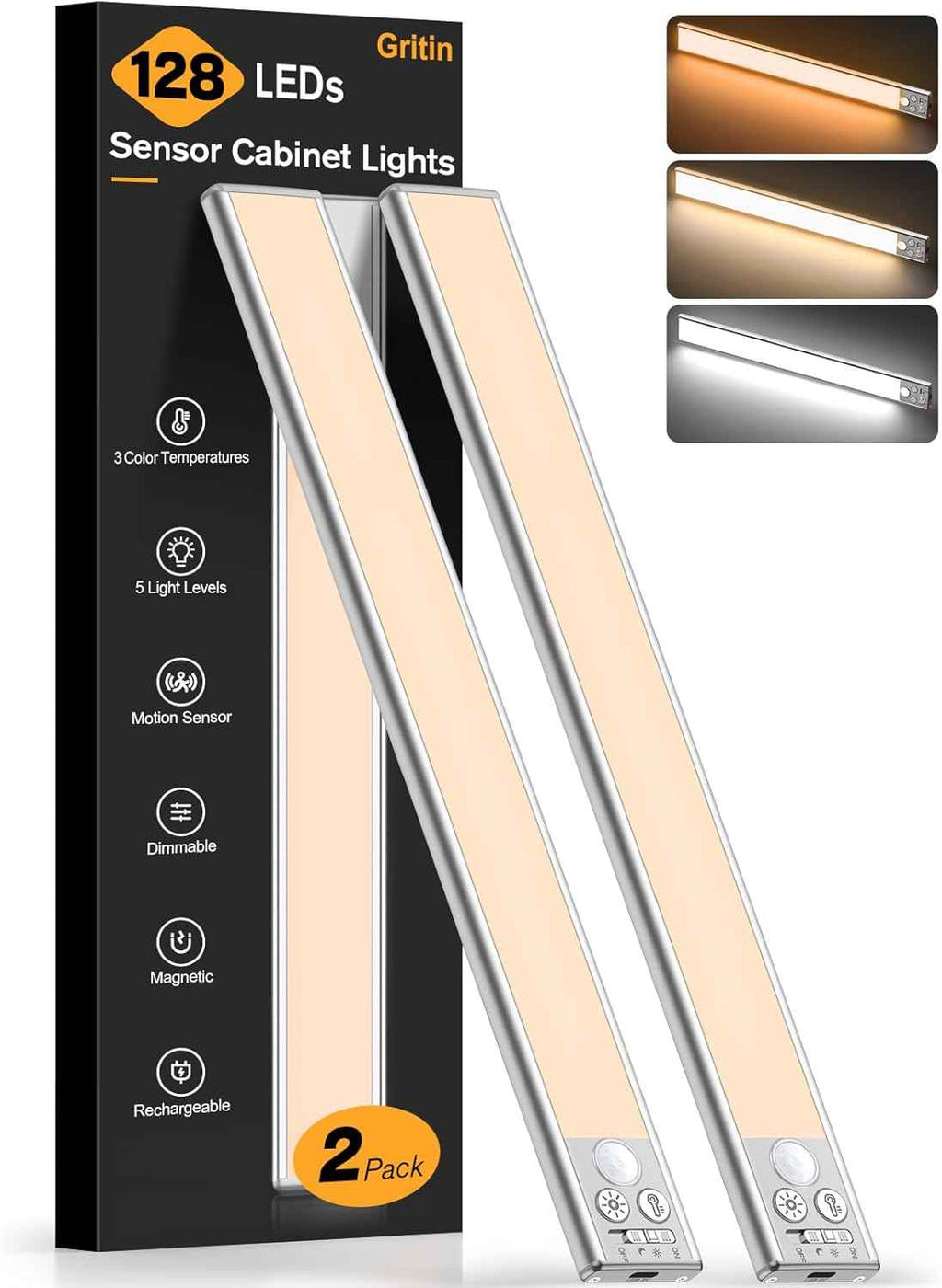 Gritin 10.2inch Under Cabinet Lighting Rechargeable 2 Pack - Super Bright with 3 Color Temps, 5 Brightness Levels, Motion Sensor & Easy Magnetic Installation