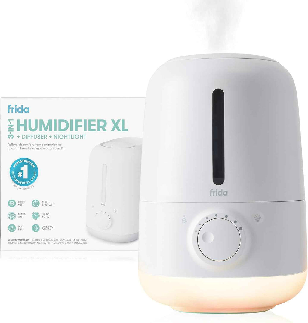 Frida Baby 3-in-1 Cool Mist Humidifier for Clogged Nose Relief, Top Fill Design for Babies, 60 Hour Runtime, Nightlight, Auto Shut-Off, Quiet Operation, Essential Oil Diffuser