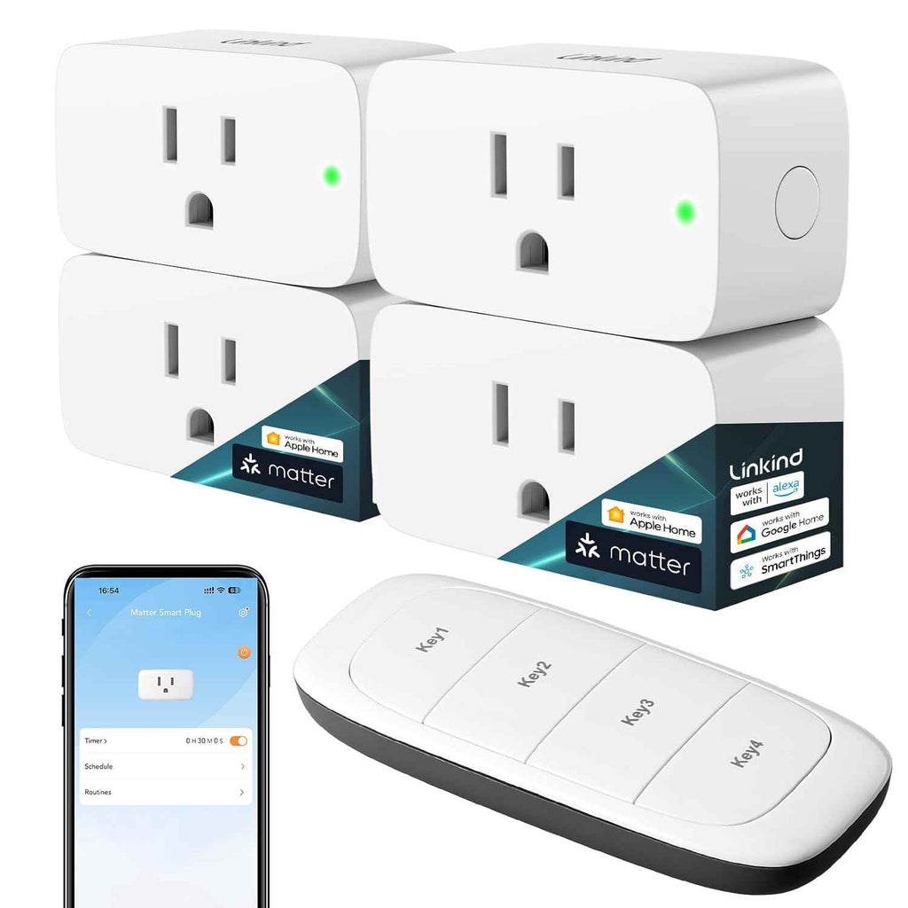 Linkind Matter Smart Plug - 15A/1800W Wi-Fi Smart Outlet Compatible with Apple Home, Siri, Alexa, Google & SmartThings, Remote Control & Scheduling, 4 Pack