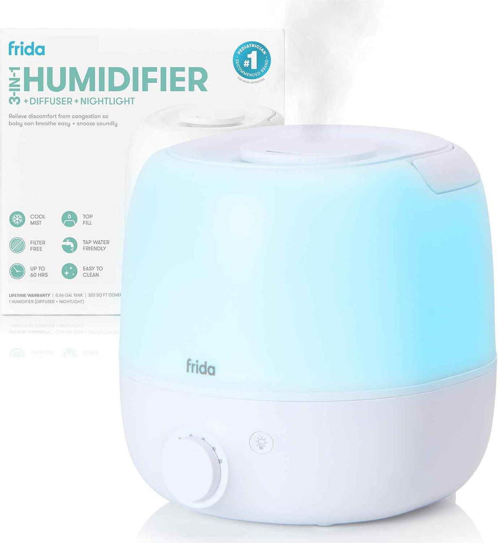 Frida Baby 3-in-1 Cool Mist Humidifier for Clogged Nose Relief, Top Fill Design for Babies, 60 Hour Runtime, Nightlight, Auto Shut-Off, Quiet Operation, Essential Oil Diffuser