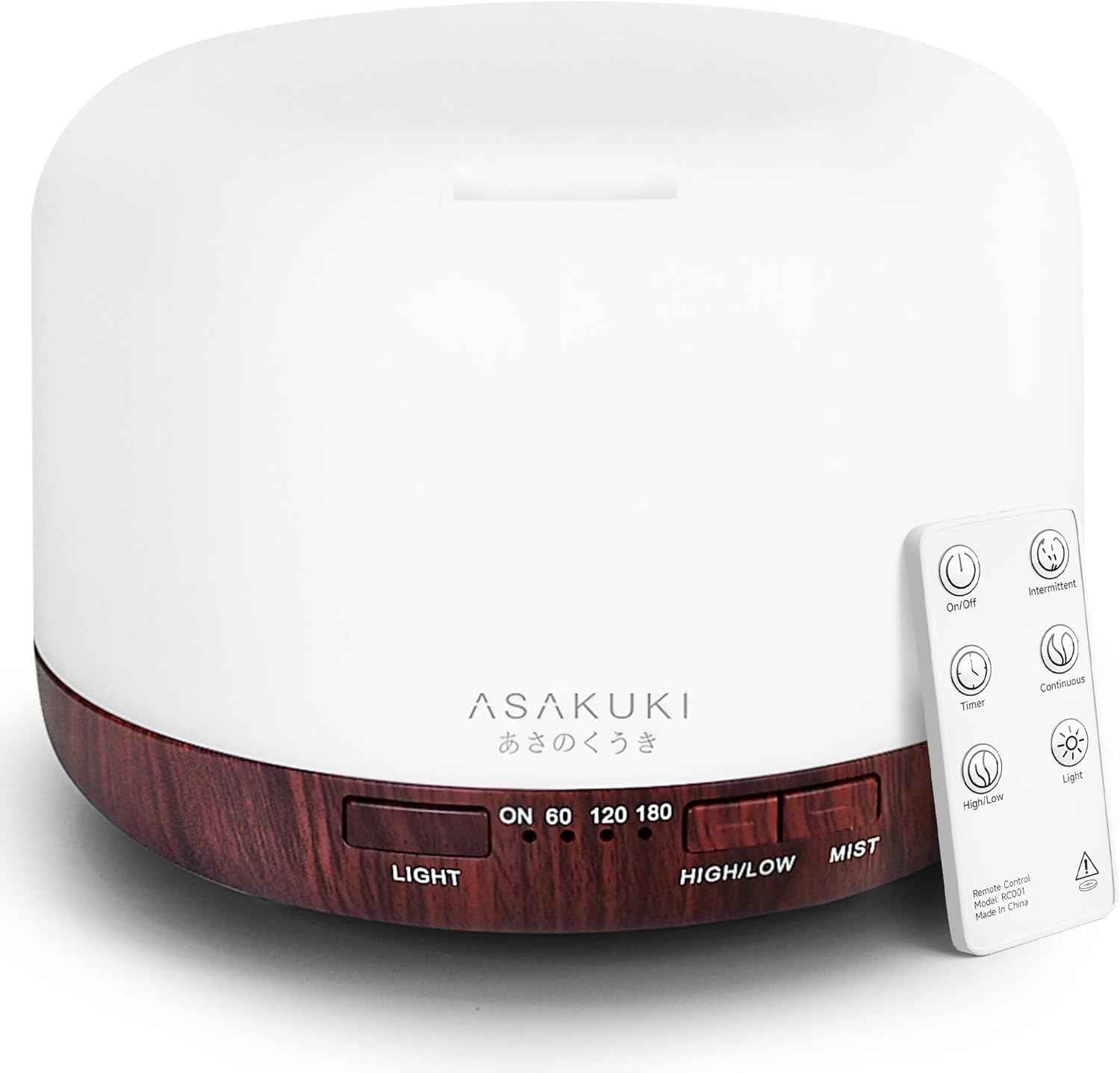 ASAKUKI Essential Oil Diffuser 500ML Aromatherapy Humidifier for Bedroom, Remote Control, 7 Color LED Lights, Quiet Cool Mist for Home and Office