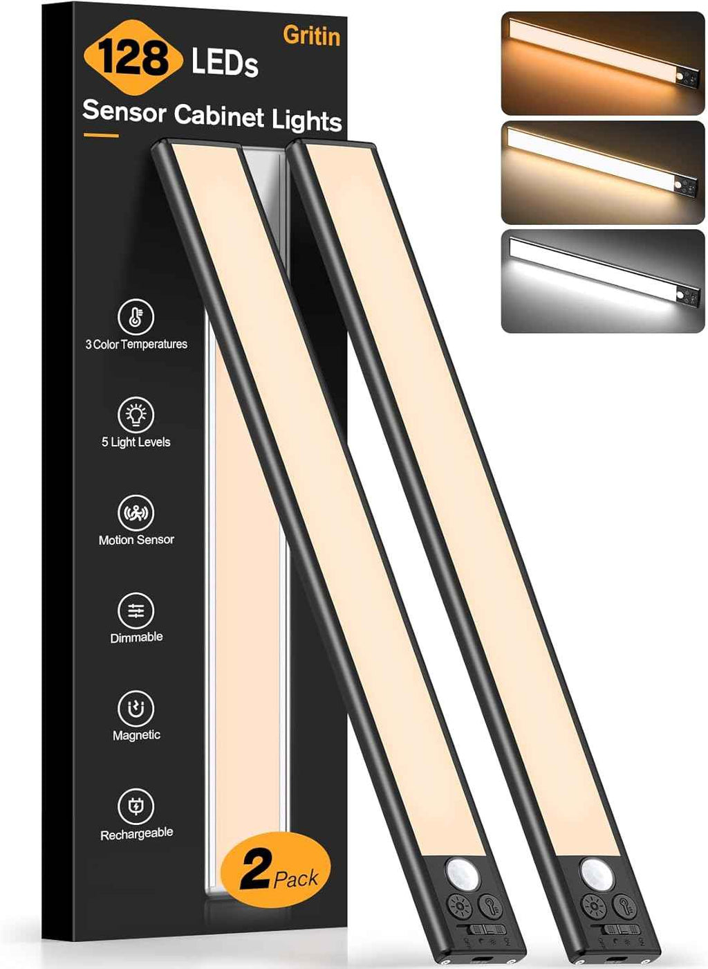 Gritin 10.2inch Under Cabinet Lighting Rechargeable 2 Pack - Super Bright with 3 Color Temps, 5 Brightness Levels, Motion Sensor & Easy Magnetic Installation