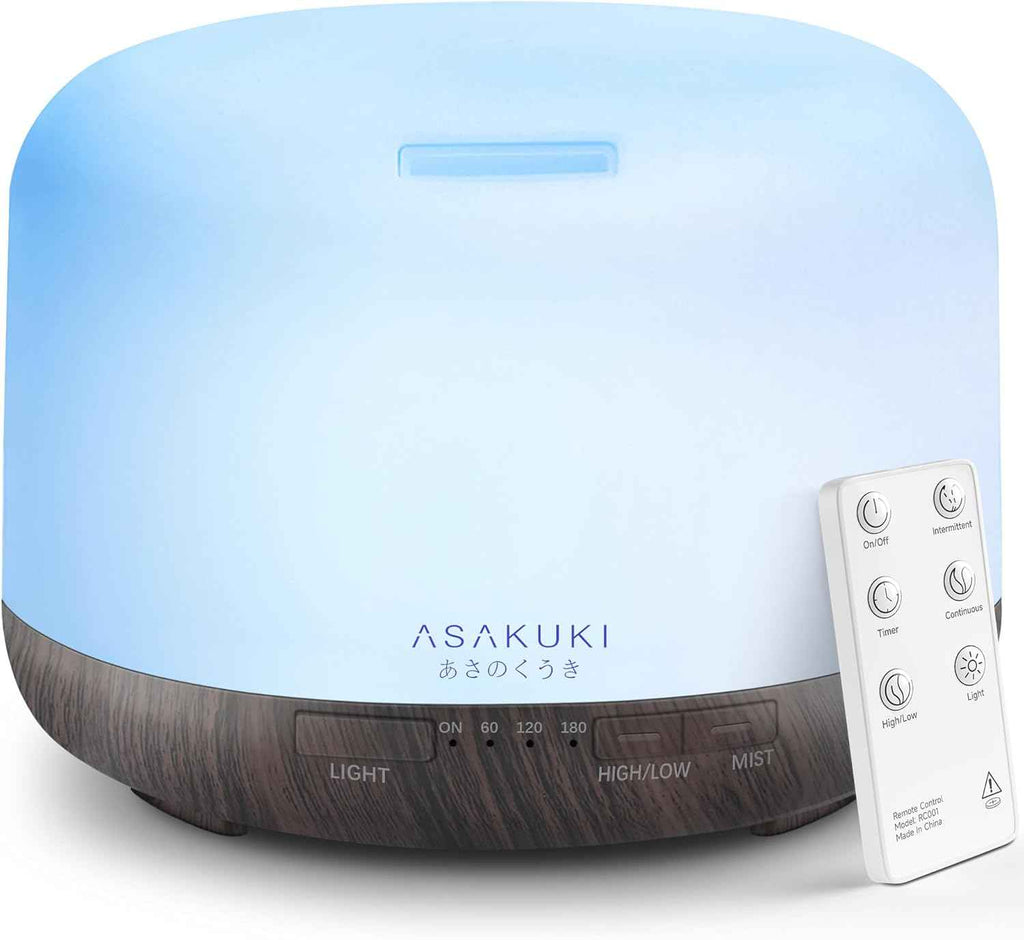 ASAKUKI Essential Oil Diffuser 500ML Aromatherapy Humidifier for Bedroom, Remote Control, 7 Color LED Lights, Quiet Cool Mist for Home and Office