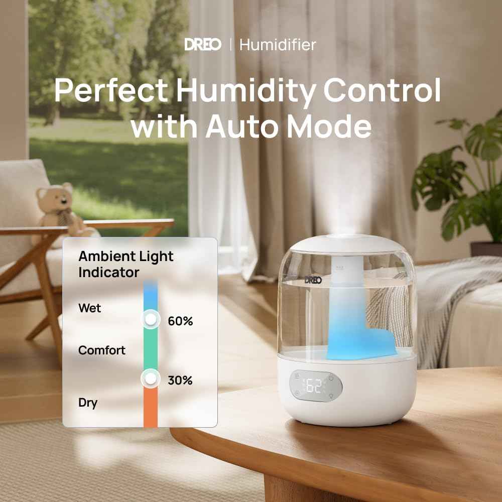 DREO Best Humidifier for Bedroom - 3L Top Fill, 30H Runtime, 26dB Quiet Ultrasonic Cool Mist with Humidity Sensor & Night Light for Home, Baby, Nursery, Plants - Yenka Supply