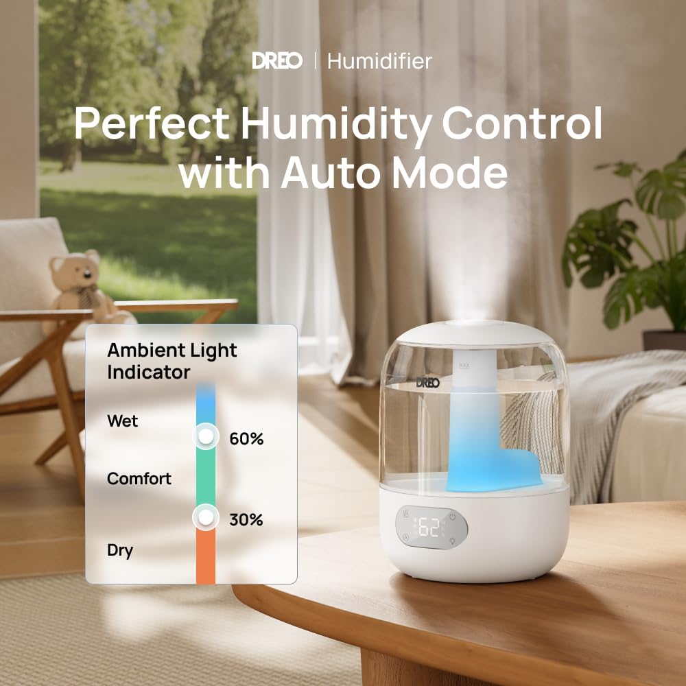 DREO Humidifiers for Bedroom, 3L Top Fill 30H & 26dB Quiet Runtime for Large Room, Cool Mist Ultrasonic Humidifier with Humidity Sensor, Night Light for Home, Baby, Nursery, Plants, New Edition Yenka Supply