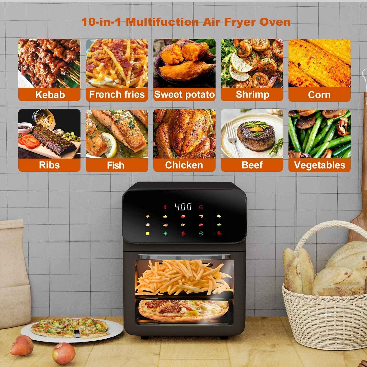Air Fryer Convection Oven 12QT with 10-in-1 Multi Function, Touchscreen and Visible Window, Black - Yenka Supply