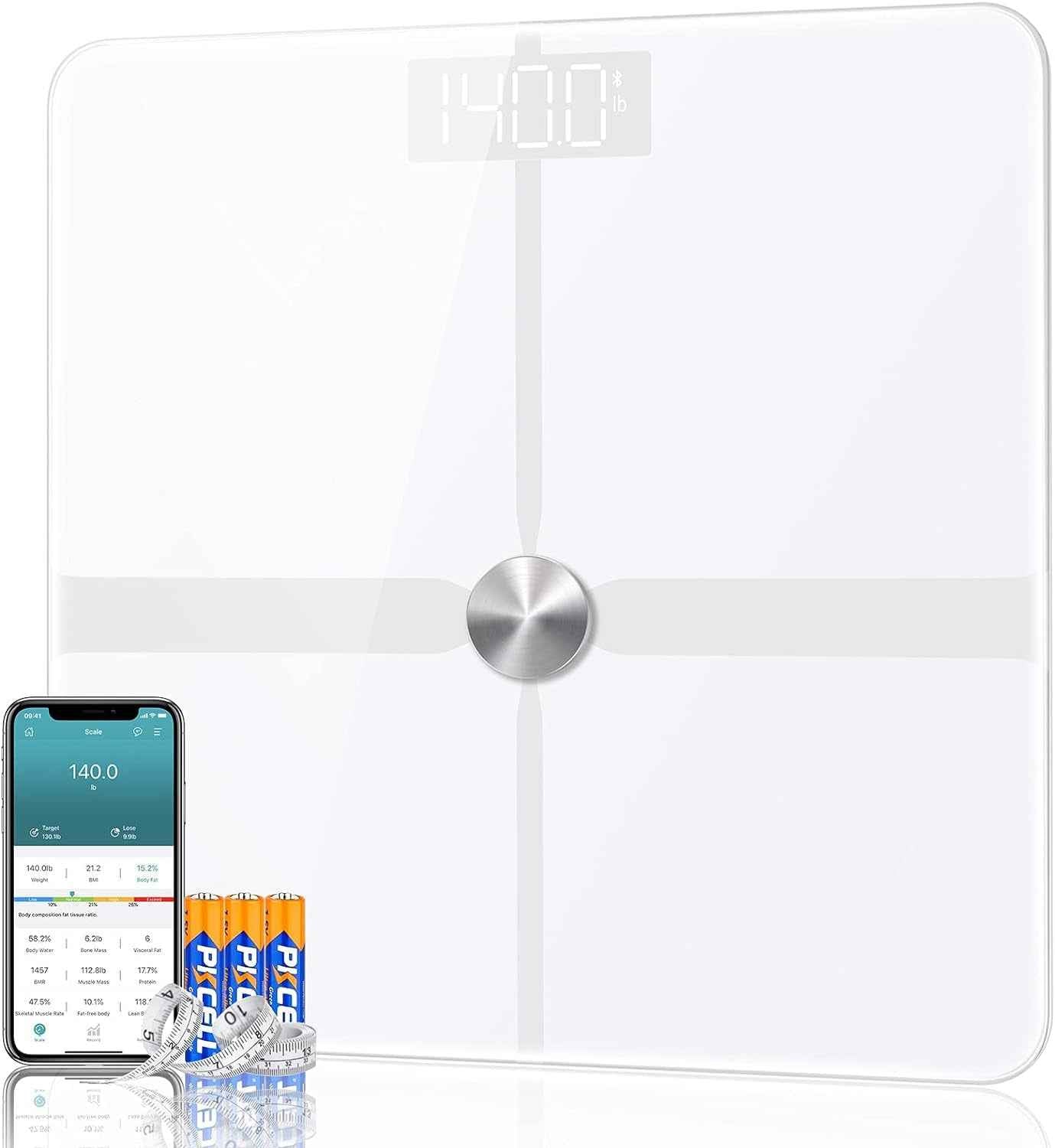 Smart Body Fat Scale, Bluetooth Digital Weight BMI Bathroom Body Composition Analyzer with ITO Coating, App Support, 400 Pounds (Lbs), 6 AAA Batteries and 1 Body Tap Measure Included (White) - Yenka Supply