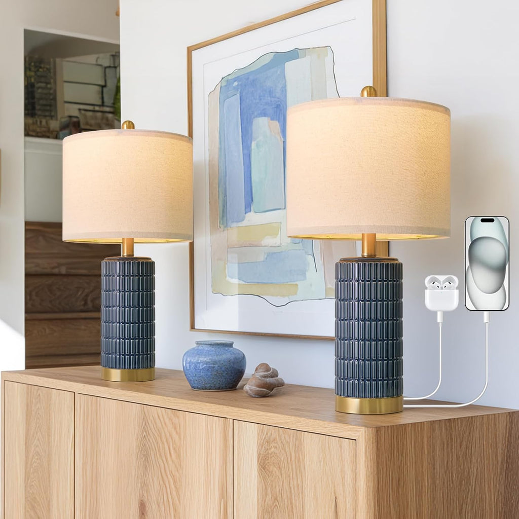 PoKat 20.75" Small Modern Ceramic Table Lamps Set of 2 for Bedroom, White Bedside Lamps for Night Stands, Farmhouse Desk Decor Gift Nightstand Table Lamps for Living Room End Table Beige Yenka Supply
