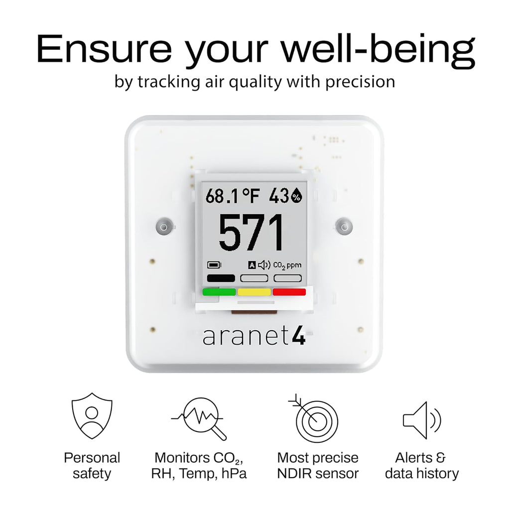 SAF Aranet4 Home Indoor Air Quality Monitor: Wireless CO2, Temperature, and Humidity Tracker for Office or School, Portable with E-Ink Screen and App Management - Yenka Supply