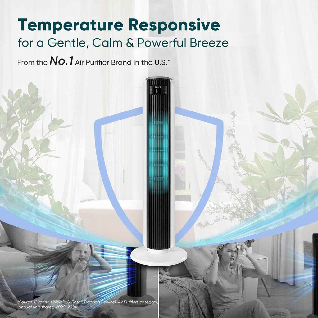 LEVOIT Tower Fan for Bedroom - 36 Inch Bladeless Standing Fan with 28dB Quiet Operation, Remote Control, 12H Timer, 5 Speeds, 4 Modes, and 90° Oscillation for Ultimate Home Comfort - Yenka Supply
