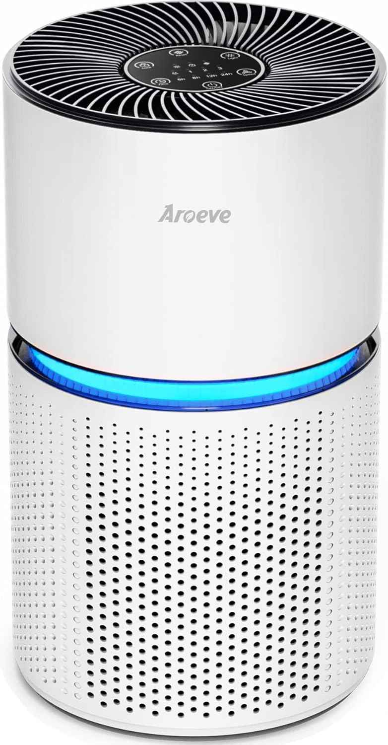 AROEVE Air Purifier for Bedroom - Smoke, Pollen, Dander, Hair, and Odor Cleanser with Sleep Mode and Speed Control, MK01- White, California Compatible - Yenka Supply