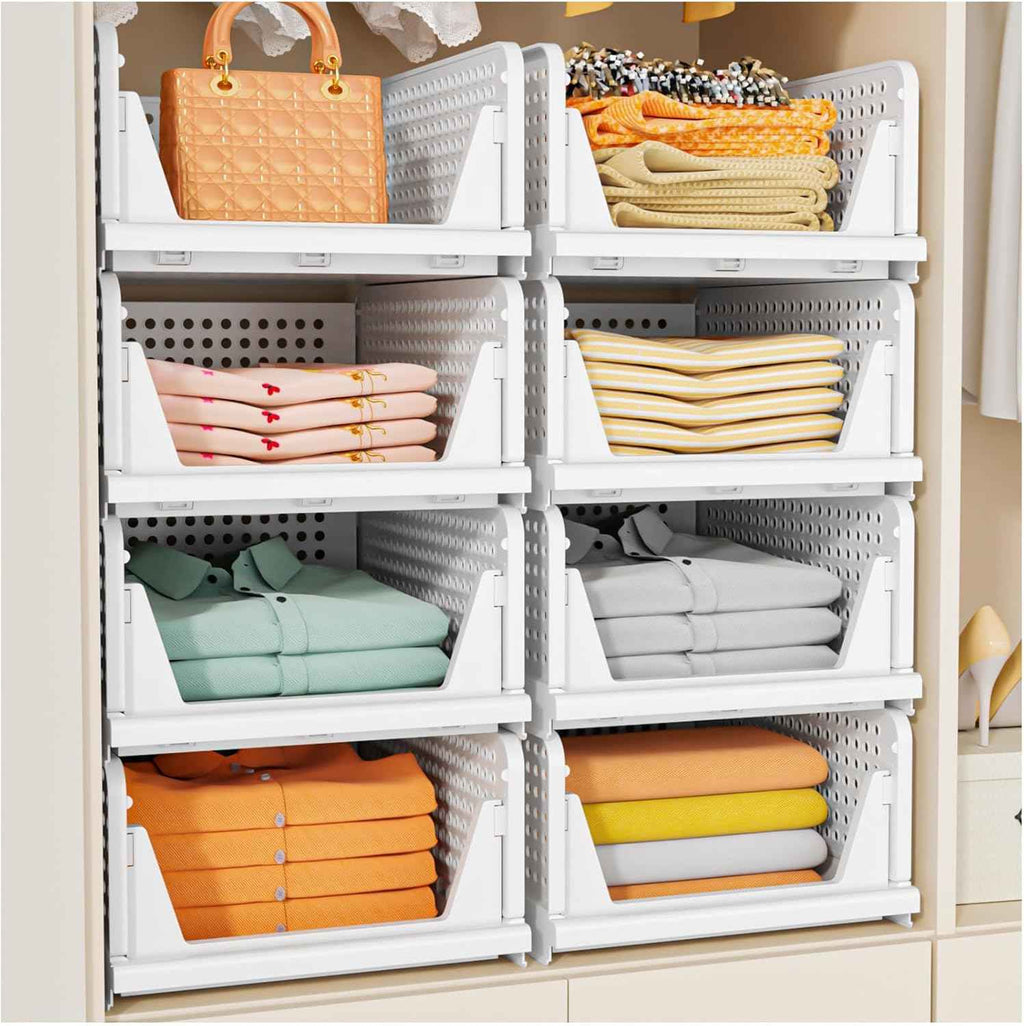 SNSLXH 5 Pack Stackable Closet Organizer - Multifunctional & Foldable Storage Baskets for Bathroom, Kitchen, Laundry Room, and Wardrobe - Space-Saving Clothes Storage Drawer Organizers in White