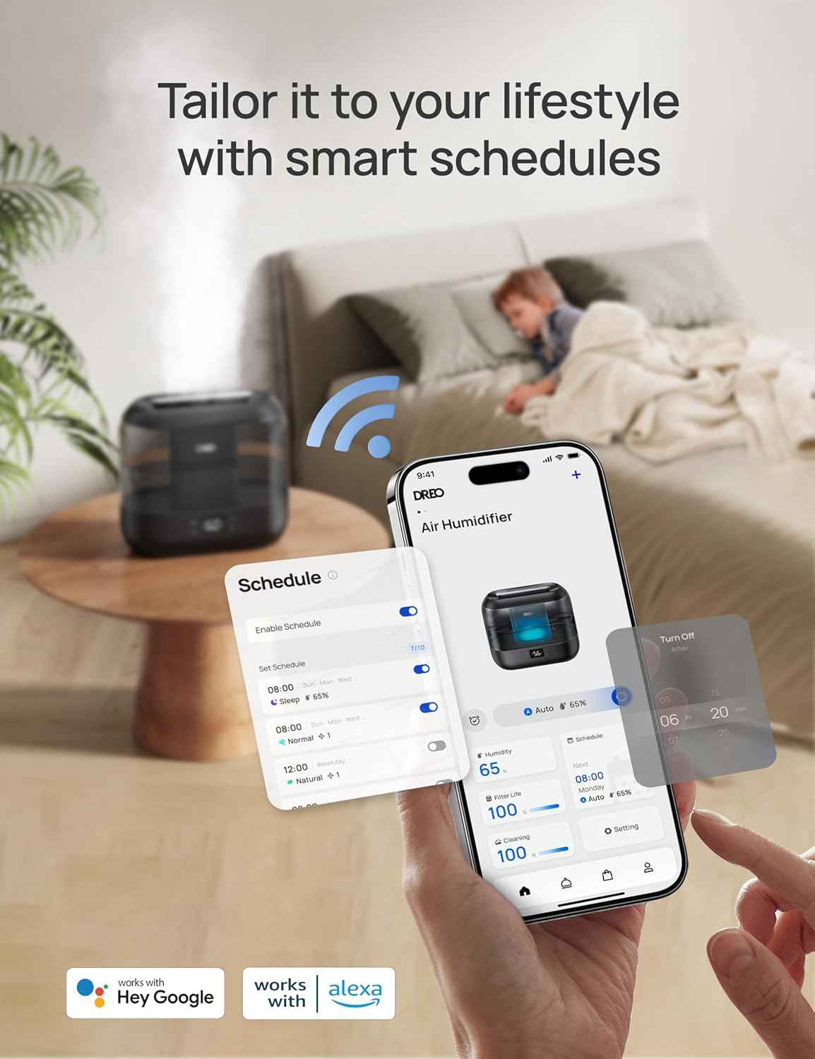 Dreo Smart Humidifiers for Bedroom - Top Fill 4L Large Room Humidifier with 28 dB, 36H Runtime, Touch/APP/Voice Control, Nightlight, Cool Mist for Baby, Plants, Indoor - Black