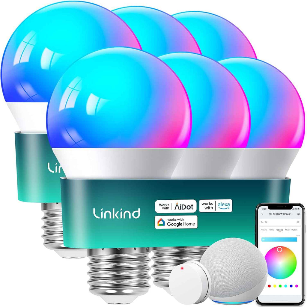 Linkind Smart Light Bulbs - Color Changing LED Bulbs with Alexa & Google Home, 104 Preset Scenes, Music Sync, A19 E26 WiFi Bluetooth 60W, 800LM - 4 Pack
