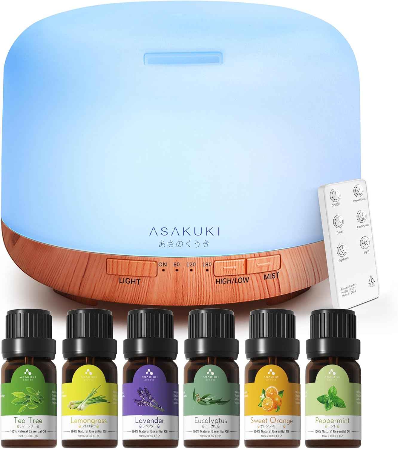ASAKUKI Essential Oil Diffuser 500ML Aromatherapy Humidifier for Bedroom, Remote Control, 7 Color LED Lights, Quiet Cool Mist for Home and Office