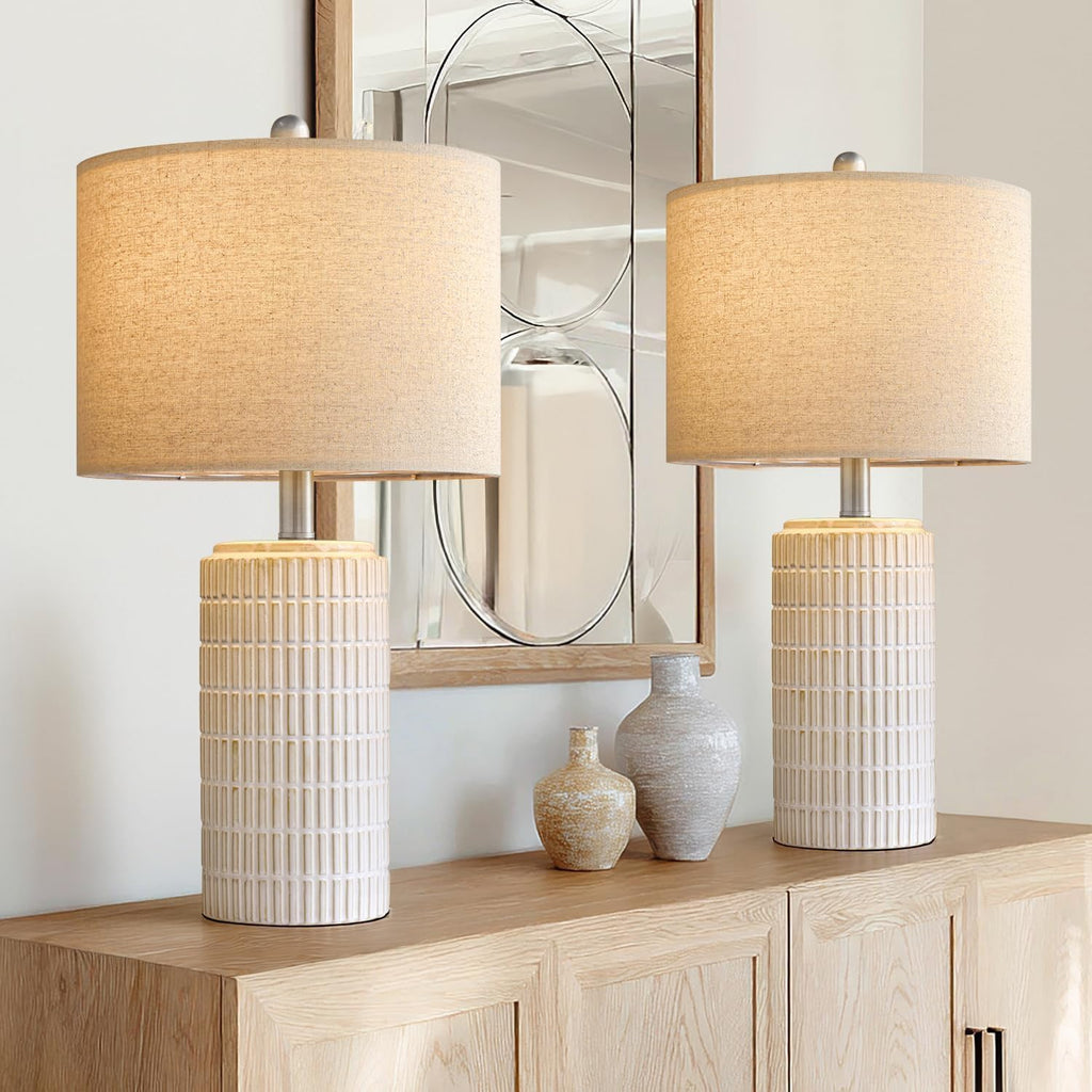 PoKat 20.75" Small Modern Ceramic Table Lamps Set of 2 for Bedroom, White Bedside Lamps for Night Stands, Farmhouse Desk Decor Gift Nightstand Table Lamps for Living Room End Table Beige Yenka Supply