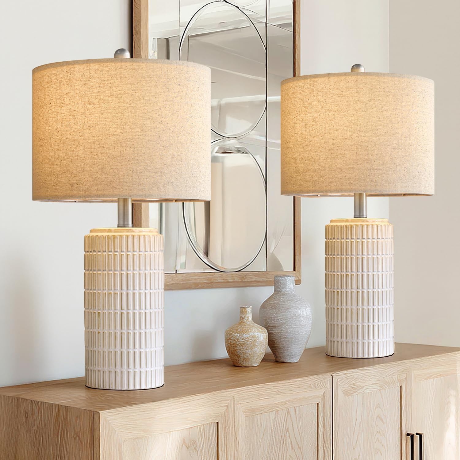PoKat 20.75" Small Modern Ceramic Table Lamps Set of 2 for Bedroom, White Bedside Lamps for Night Stands, Farmhouse Desk Decor Gift Nightstand Table Lamps for Living Room End Table Beige Yenka Supply